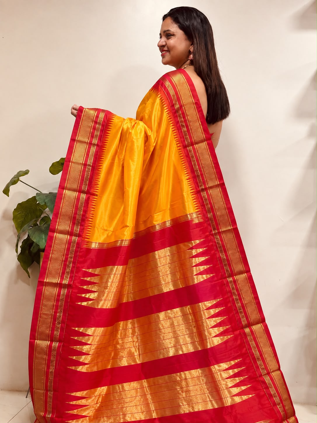 Orange and Red Ilkal Pure Silk Booti Design Temple Border Saree