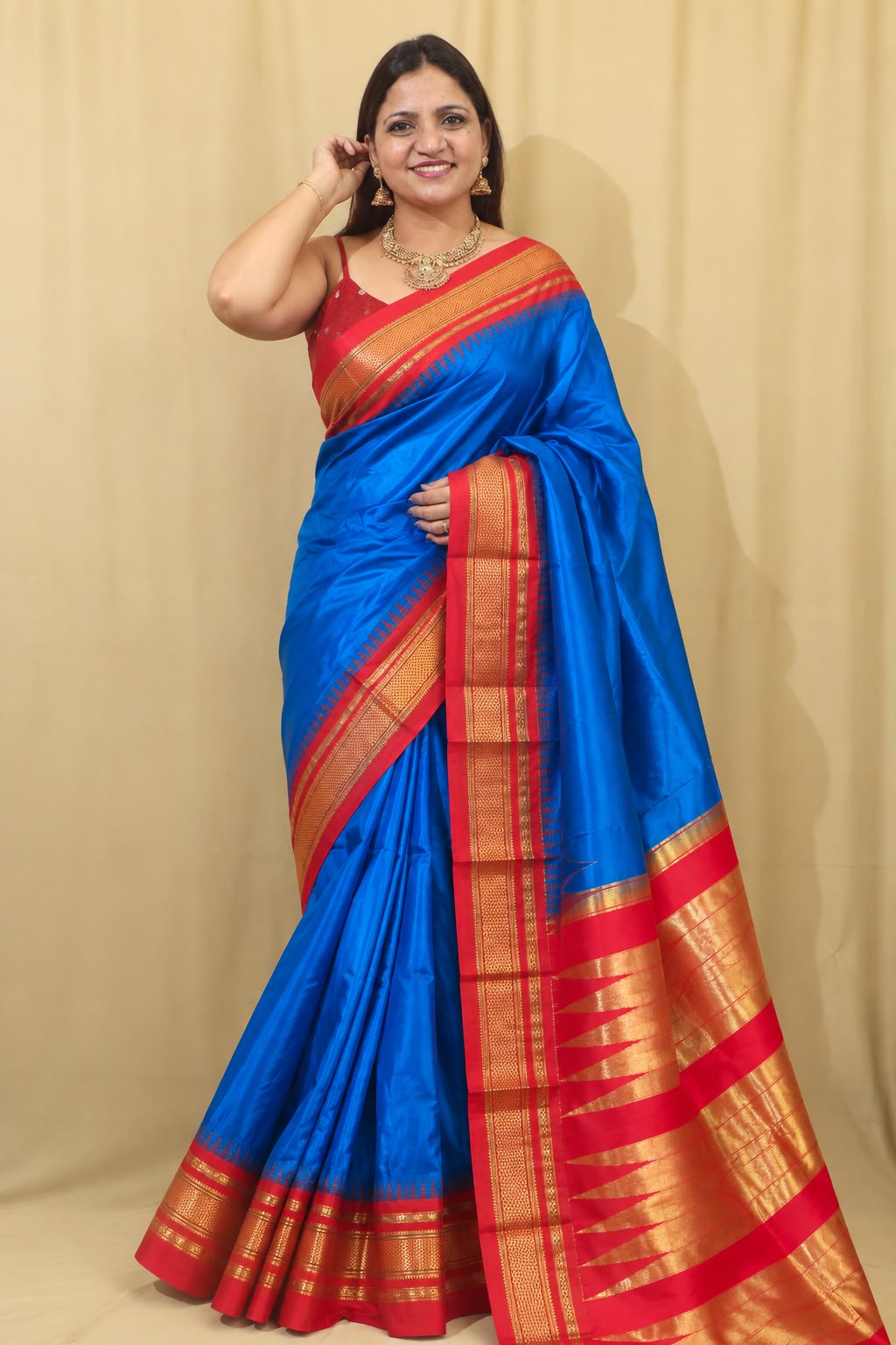 Blue and Red Ilkal Pure Silk Booti Design Temple Border Saree