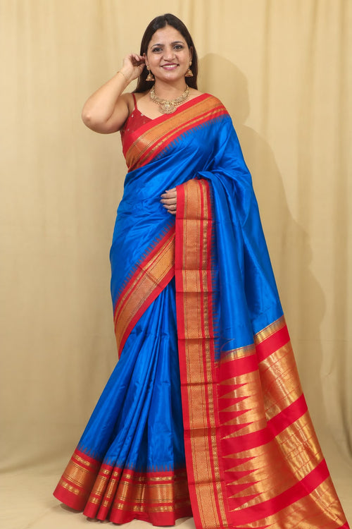 Blue and Red Ilkal Pure Silk Booti Design Temple Border Saree