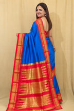 Blue and Red Ilkal Pure Silk Booti Design Temple Border Saree