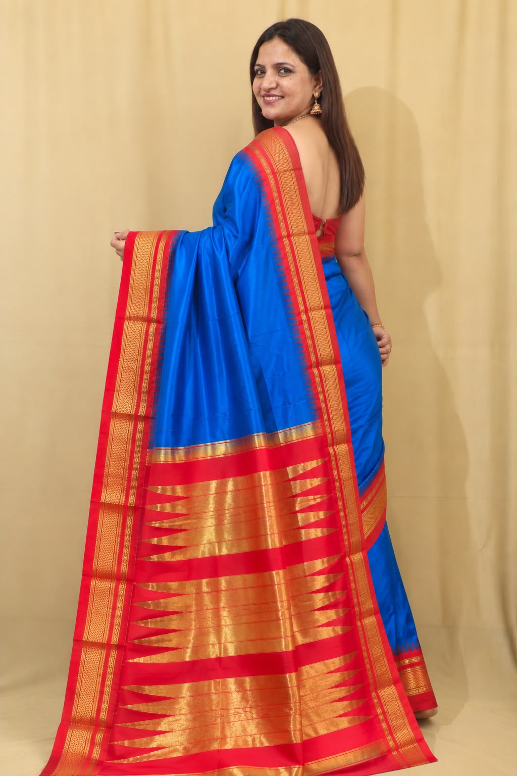 Blue and Red Ilkal Pure Silk Booti Design Temple Border Saree