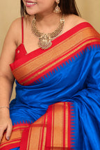 Blue and Red Ilkal Pure Silk Booti Design Temple Border Saree