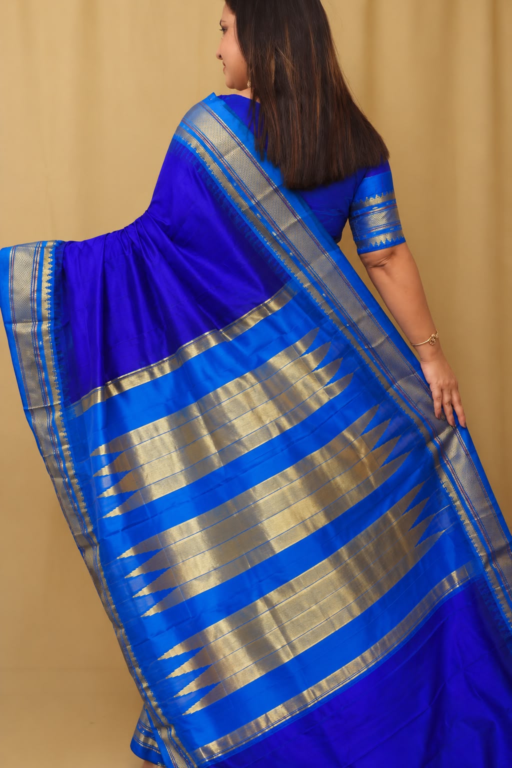 Blue Ilkal Pure Silk Booti Design Temple Border Saree