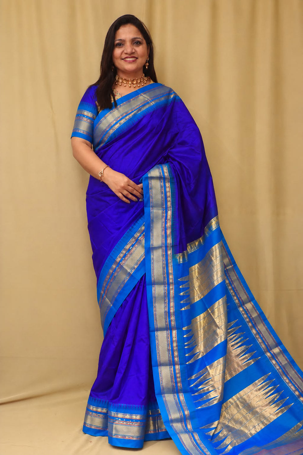 Blue Ilkal Pure Silk Booti Design Temple Border Saree