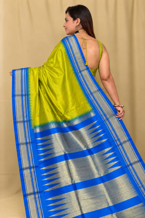 Green and Blue Ilkal Pure Silk Booti Design Temple Border Saree