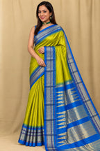 Green and Blue Ilkal Pure Silk Booti Design Temple Border Saree