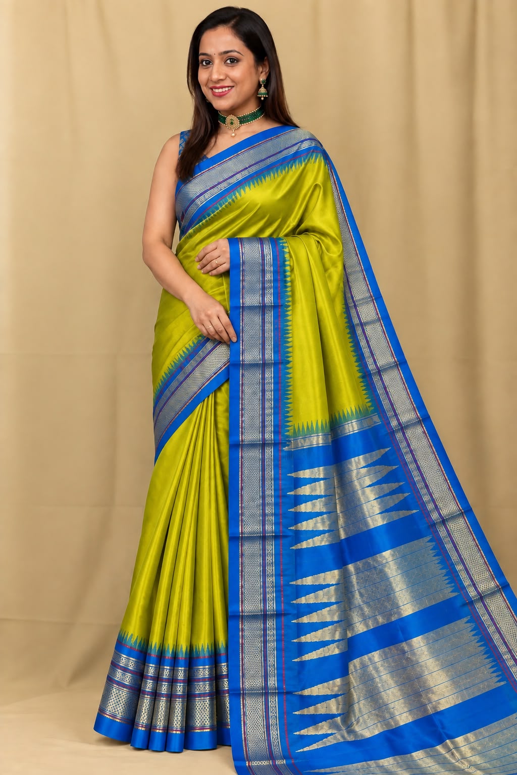 Green and Blue Ilkal Pure Silk Booti Design Temple Border Saree