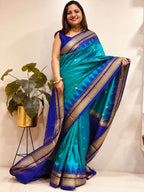 Green and Blue Shot Ilkal Pure Silk Booti Design Temple Border Saree