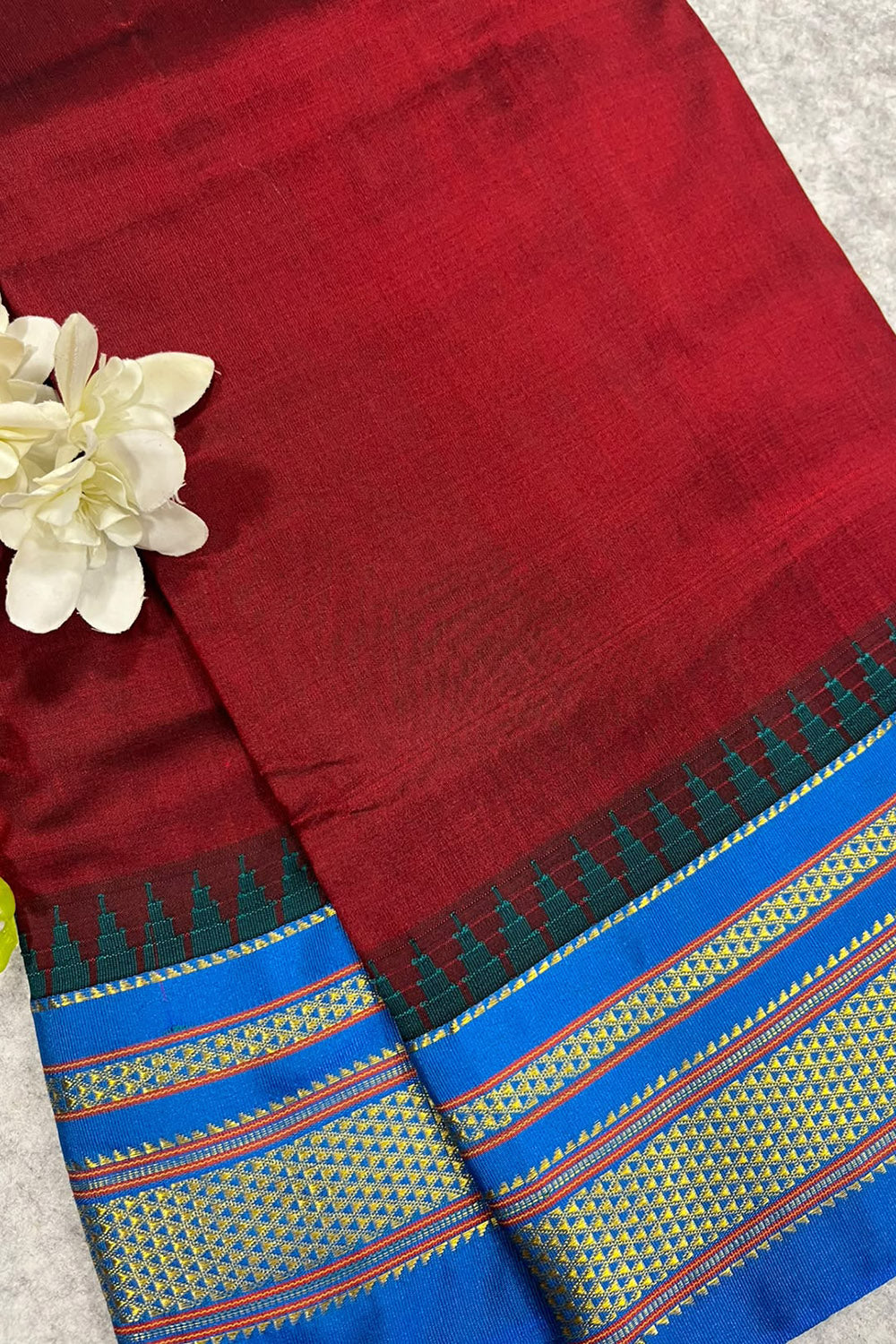 Maroon and Blue Shot Ilkal Pure Silk Booti Design Temple Border Saree