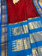 Maroon and Blue Shot Ilkal Pure Silk Booti Design Temple Border Saree