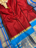 Maroon and Blue Shot Ilkal Pure Silk Booti Design Temple Border Saree