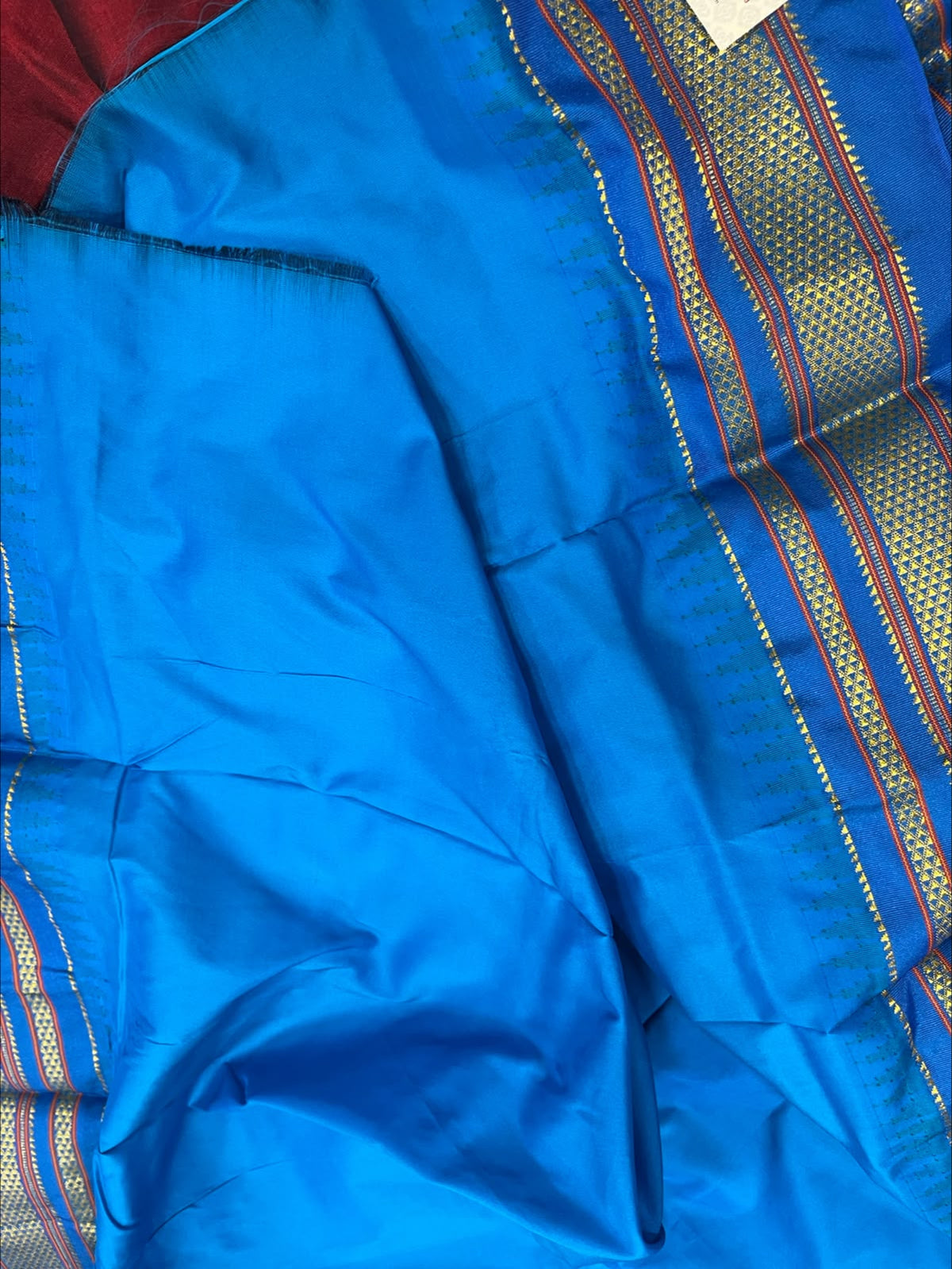 Maroon and Blue Shot Ilkal Pure Silk Booti Design Temple Border Saree
