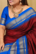 Maroon and Blue Shot Ilkal Pure Silk Booti Design Temple Border Saree