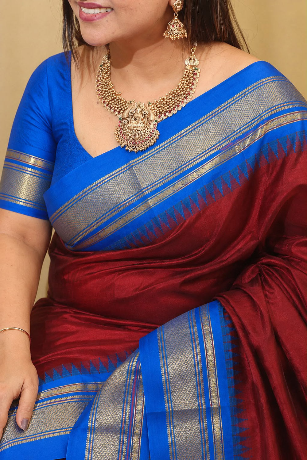 Maroon and Blue Shot Ilkal Pure Silk Booti Design Temple Border Saree