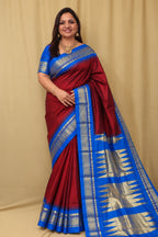 Maroon and Blue Shot Ilkal Pure Silk Booti Design Temple Border Saree
