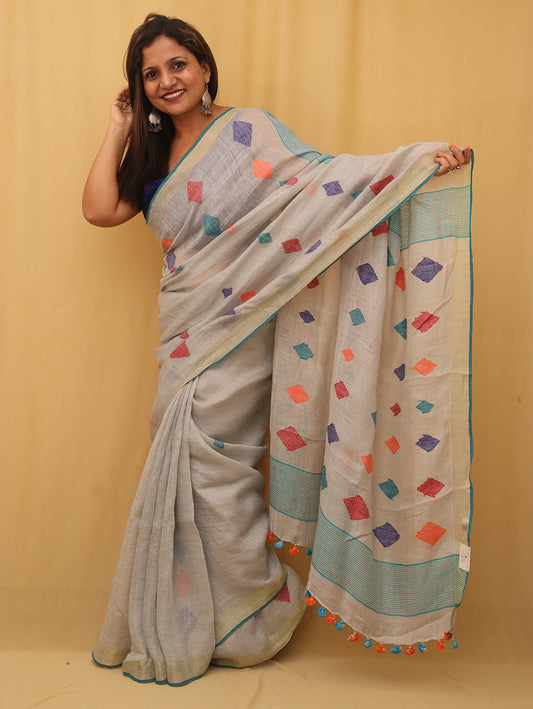 Pastel Handloom Linen Jamdani Saree - Luxurion World