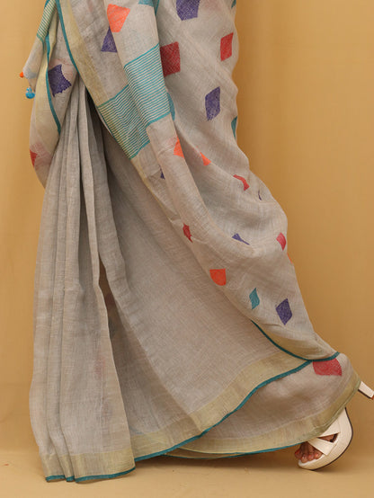 Pastel Handloom Linen Jamdani Saree - Luxurion World