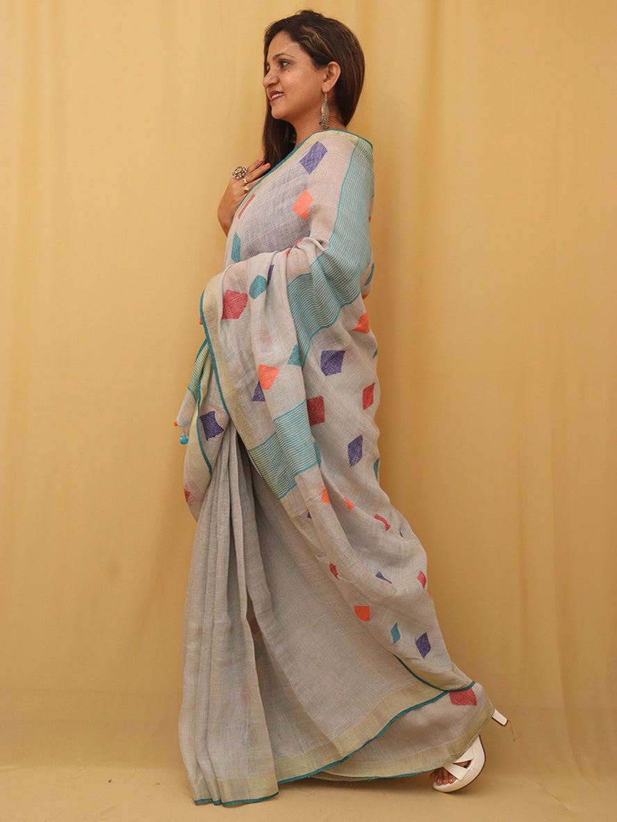 Pastel Handloom Linen Jamdani Saree - Luxurion World