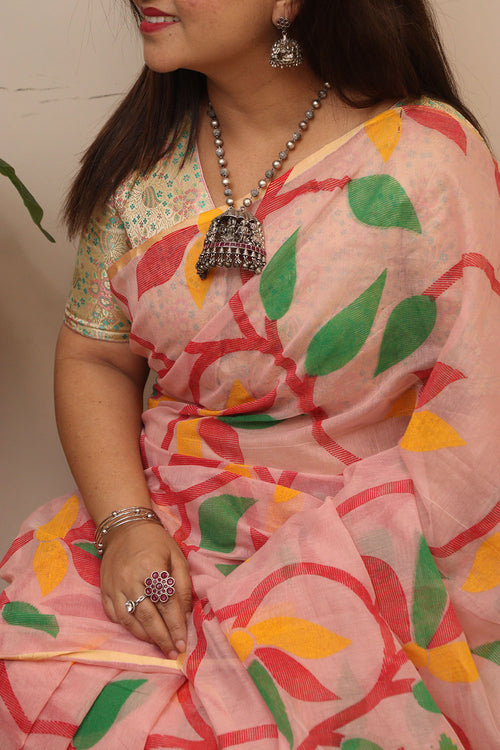 Peach Jamdani Print Semi Tussar Silk Saree - Luxurion World