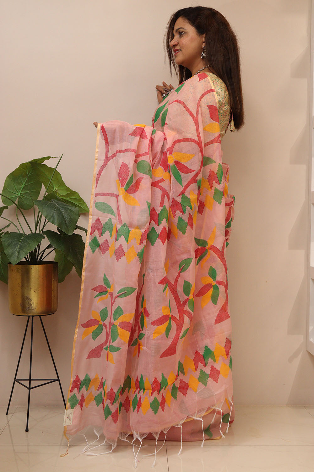Peach Jamdani Print Semi Tussar Silk Saree - Luxurion World