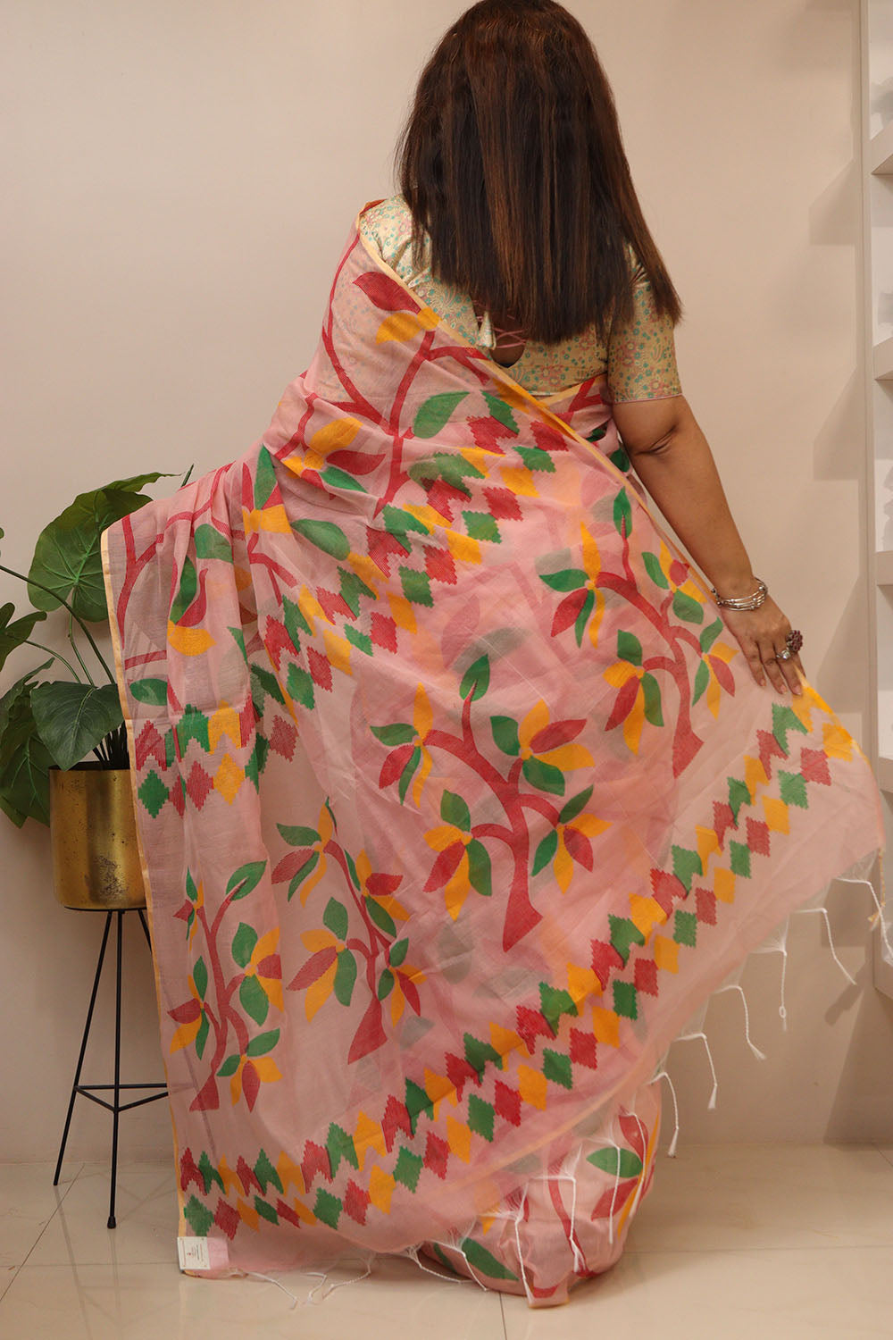 Peach Jamdani Print Semi Tussar Silk Saree - Luxurion World