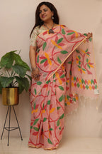 Peach Jamdani Print Semi Tussar Silk Saree - Luxurion World