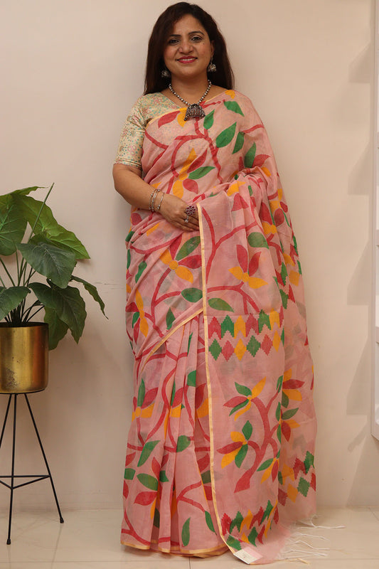 Peach Jamdani Print Semi Tussar Silk Saree - Luxurion World