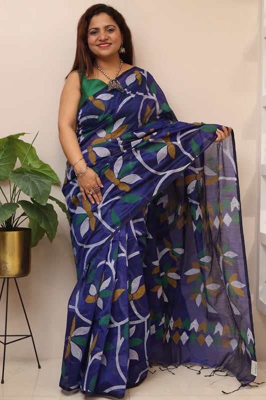 Elegant Blue Jamdani Print Semi Tussar Silk Saree - Luxurion World