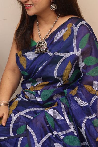 Elegant Blue Jamdani Print Semi Tussar Silk Saree - Luxurion World