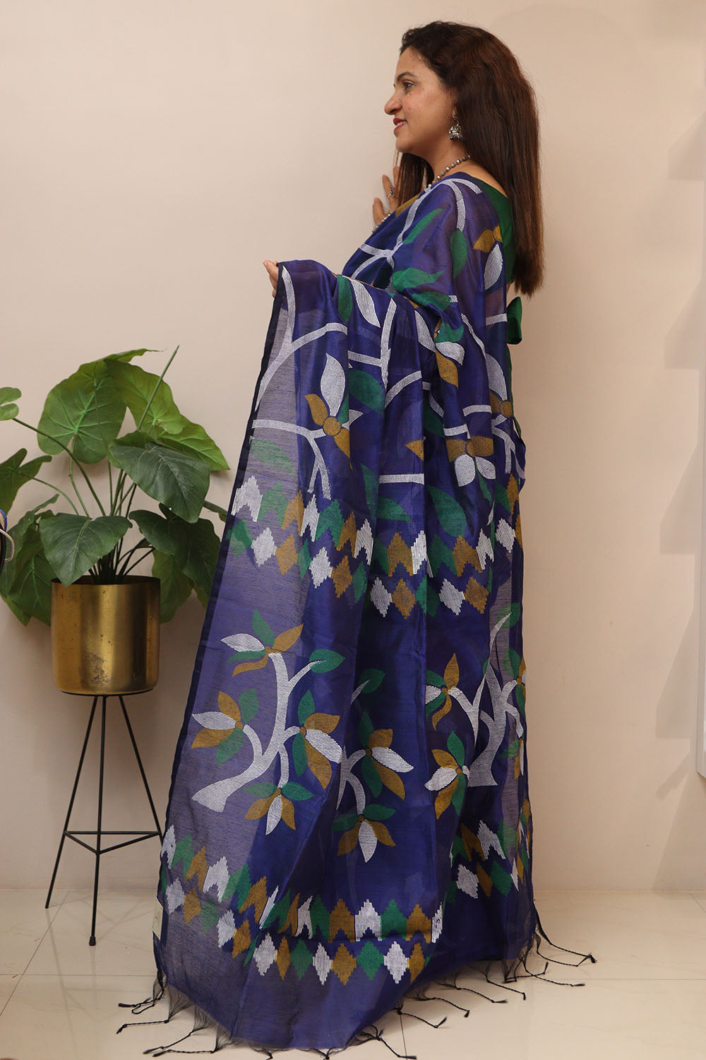 Elegant Blue Jamdani Print Semi Tussar Silk Saree - Luxurion World