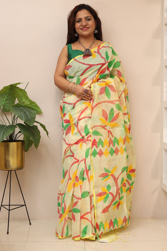 Yellow Jamdani Print Semi Tussar Silk Saree : Elegant and Vibrant - Luxurion World