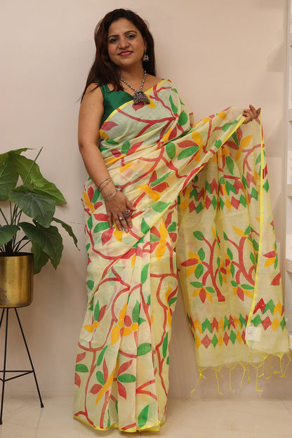 Yellow Jamdani Print Semi Tussar Silk Saree : Elegant and Vibrant - Luxurion World