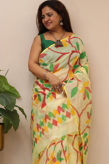 Yellow Jamdani Print Semi Tussar Silk Saree : Elegant and Vibrant - Luxurion World