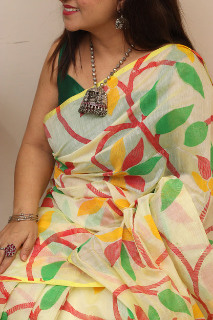 Yellow Jamdani Print Semi Tussar Silk Saree : Elegant and Vibrant - Luxurion World