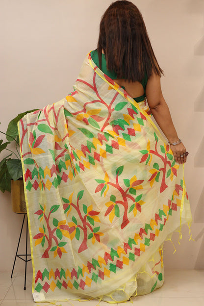 Yellow Jamdani Print Semi Tussar Silk Saree : Elegant and Vibrant - Luxurion World