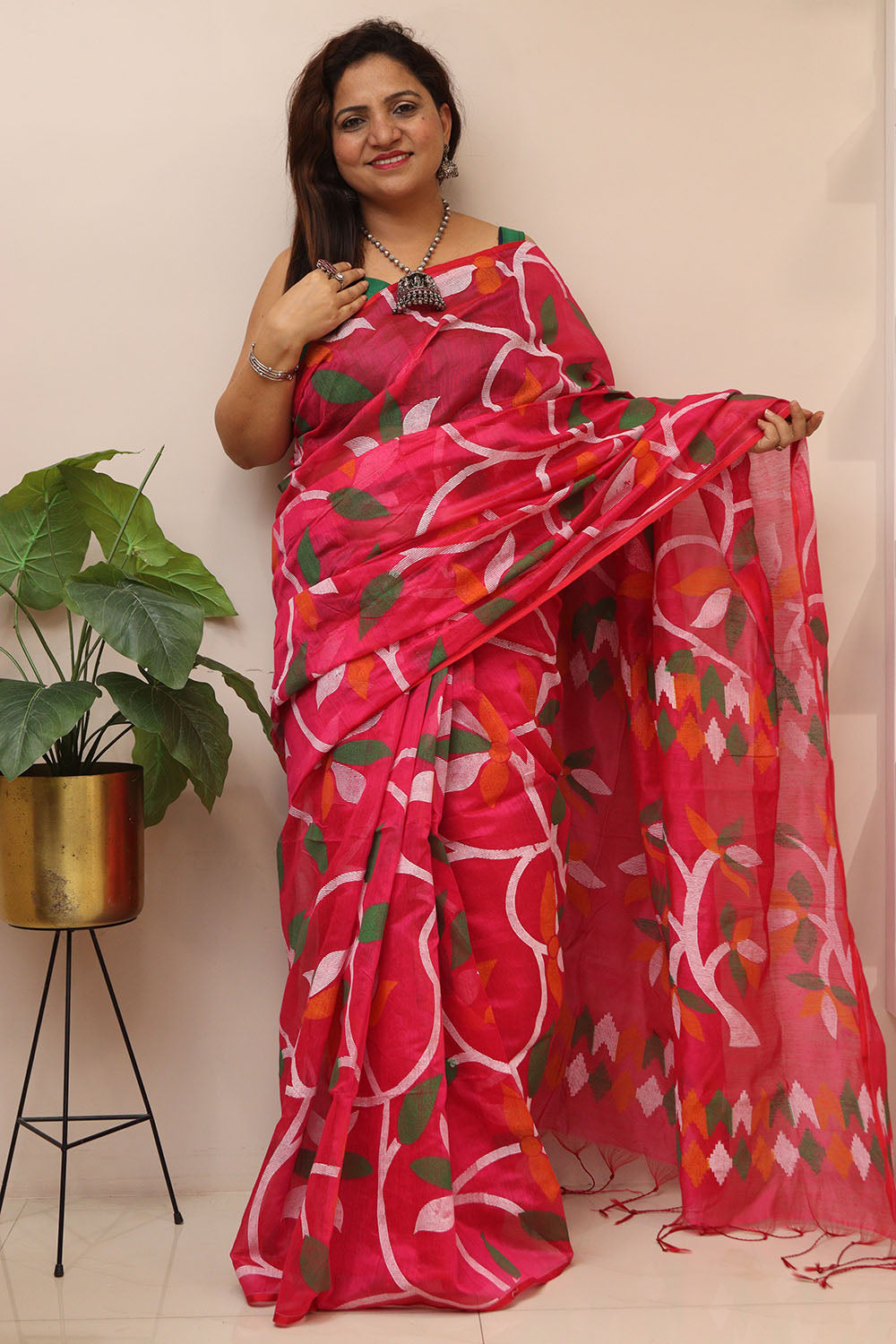 Pretty in Pink: Jamdani Print Semi Tussar Silk Saree - Luxurion World