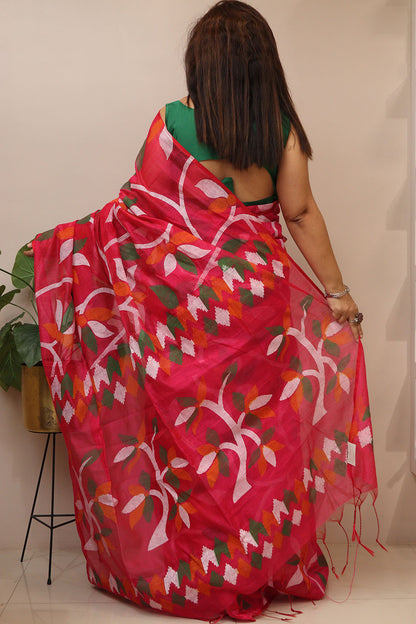 Pretty in Pink: Jamdani Print Semi Tussar Silk Saree - Luxurion World