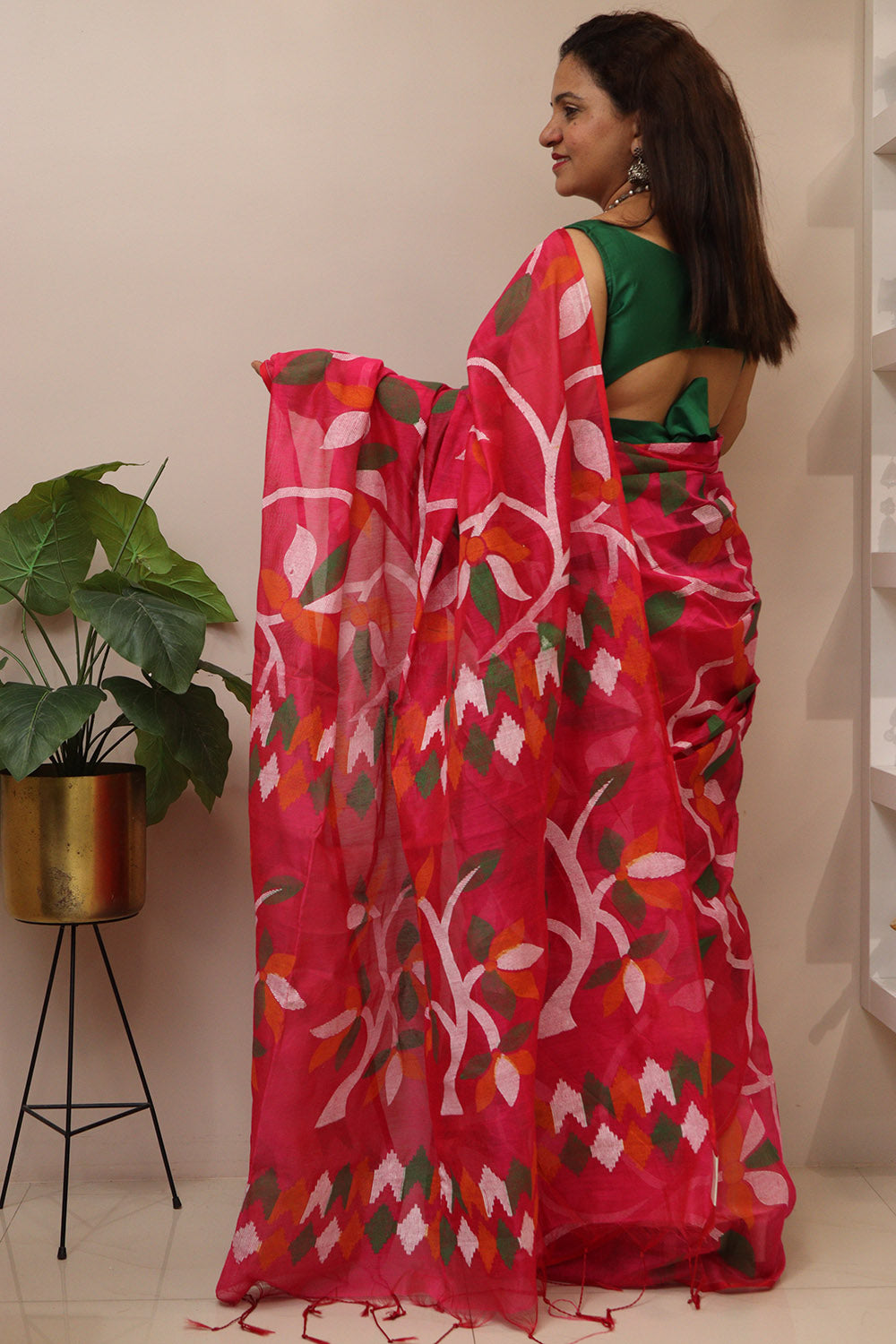 Pretty in Pink: Jamdani Print Semi Tussar Silk Saree - Luxurion World