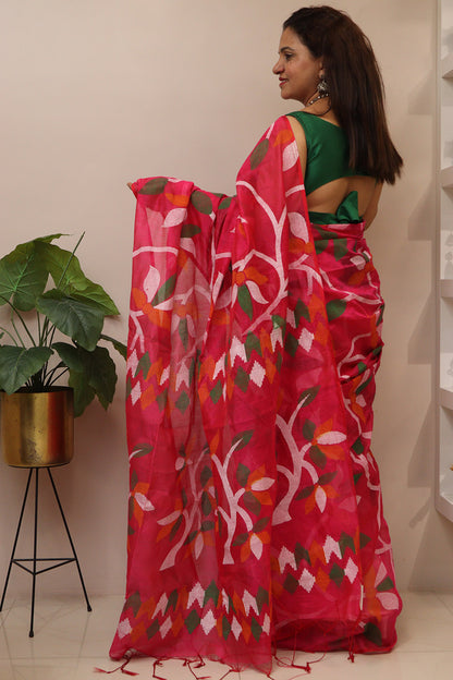 Pretty in Pink: Jamdani Print Semi Tussar Silk Saree - Luxurion World