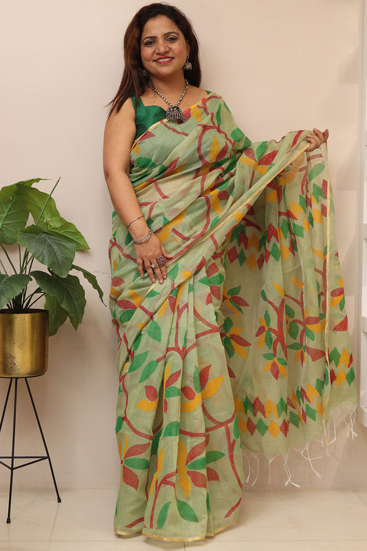 Green Jamdani Print Semi Tussar Silk Saree - Luxurion World