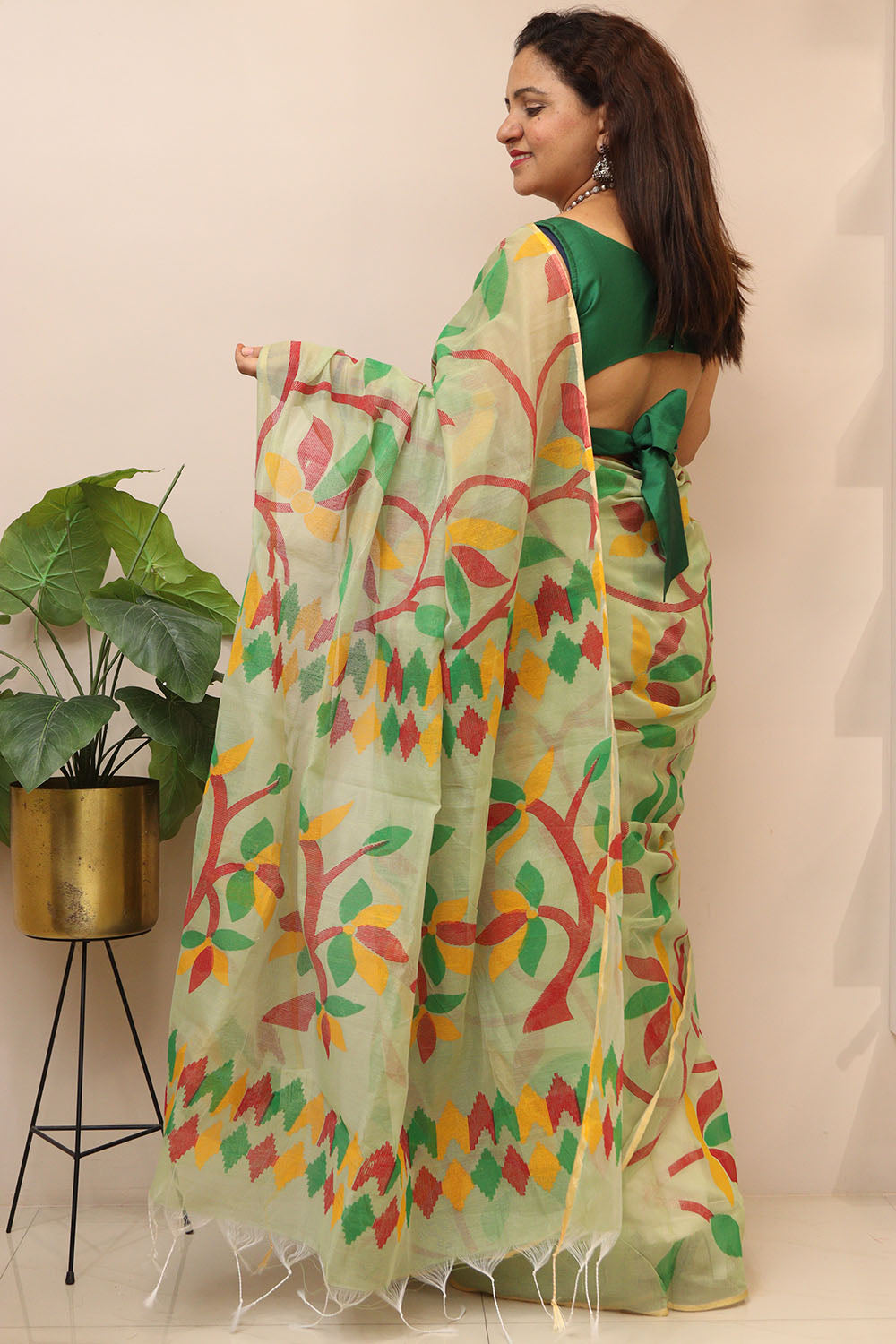 Green Jamdani Print Semi Tussar Silk Saree - Luxurion World