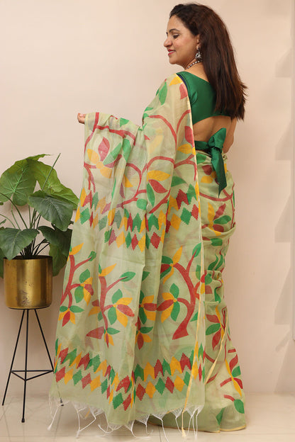 Green Jamdani Print Semi Tussar Silk Saree - Luxurion World