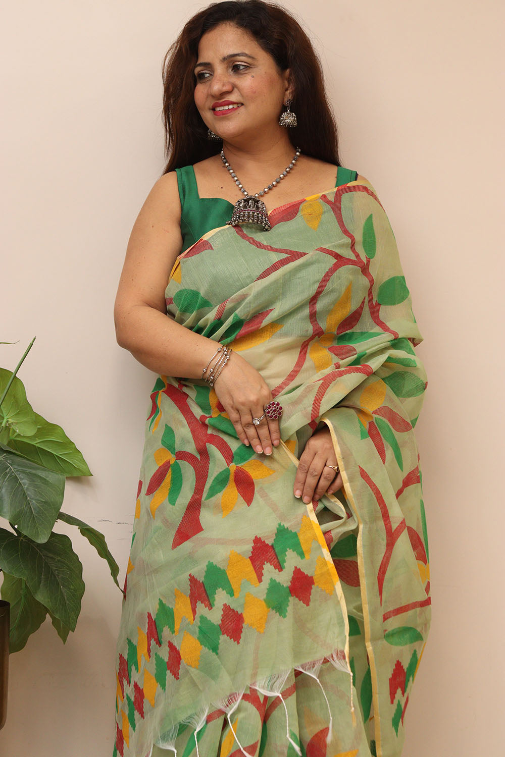 Green Jamdani Print Semi Tussar Silk Saree - Luxurion World
