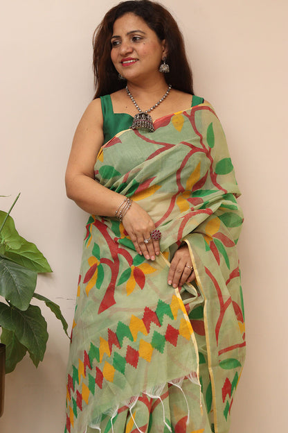 Green Jamdani Print Semi Tussar Silk Saree - Luxurion World