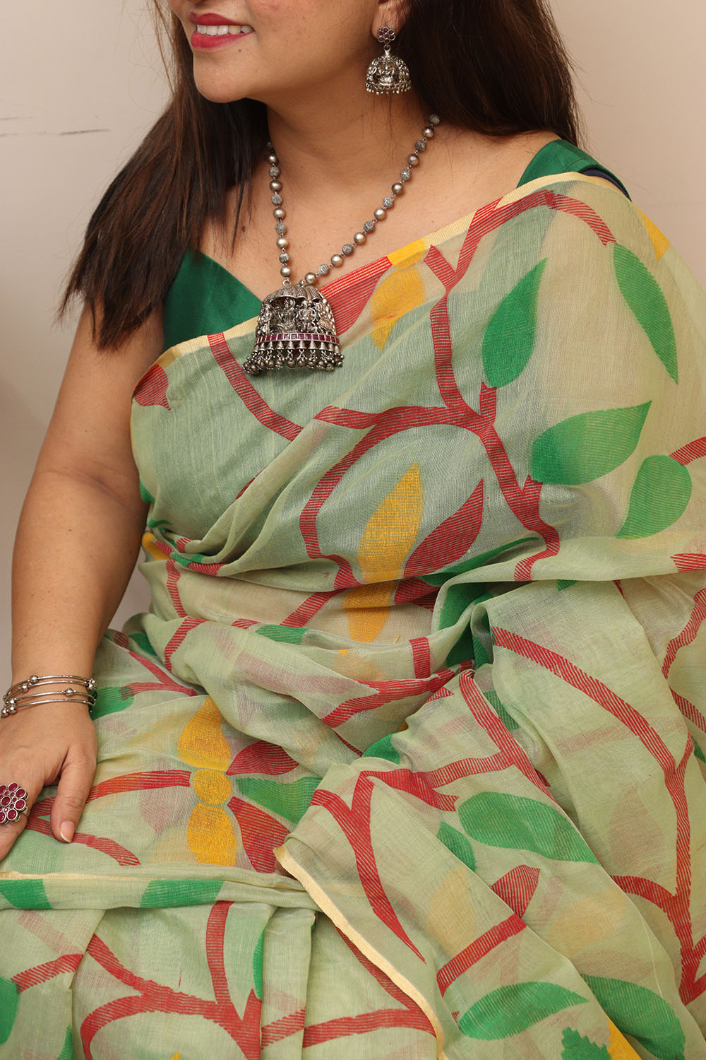 Green Jamdani Print Semi Tussar Silk Saree - Luxurion World