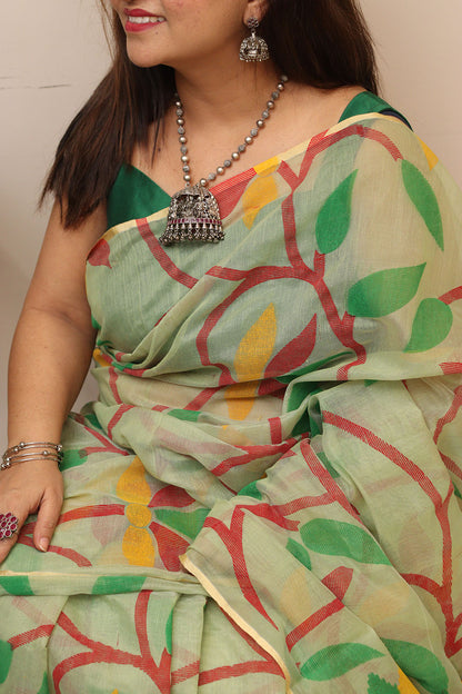 Green Jamdani Print Semi Tussar Silk Saree - Luxurion World