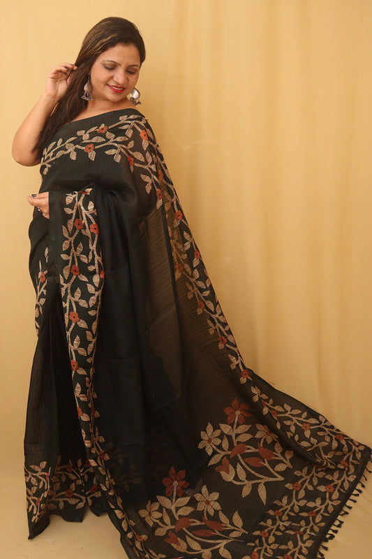 Black Jamdani Print Semi Tussar Silk Saree - Luxurion World