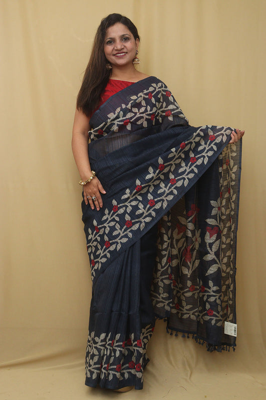 Blue Jamdani Print Semi Tussar Silk Saree - Luxurion World