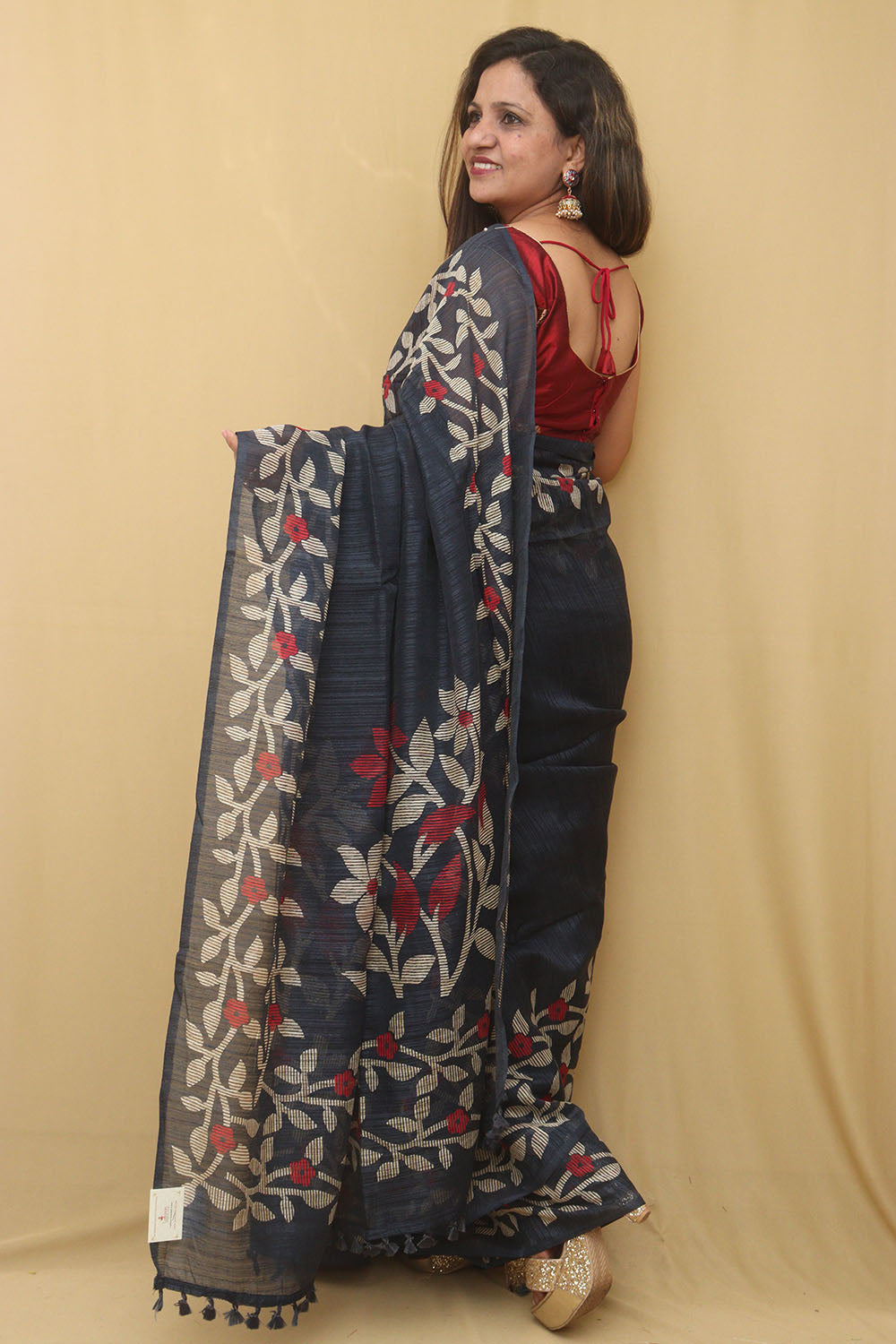 Blue Jamdani Print Semi Tussar Silk Saree - Luxurion World