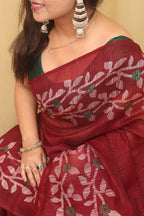 Elegant Maroon Jamdani Print Tussar Silk Saree - Luxurion World